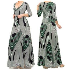 Janette Fashion Green Curved Lines Faux Wrap 3/4 Sleeve Long Maxi Dress